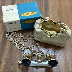 Vintage Scope 3x16  Mother Of Pearl Opera Glasses Telescoping Handle Case Chain